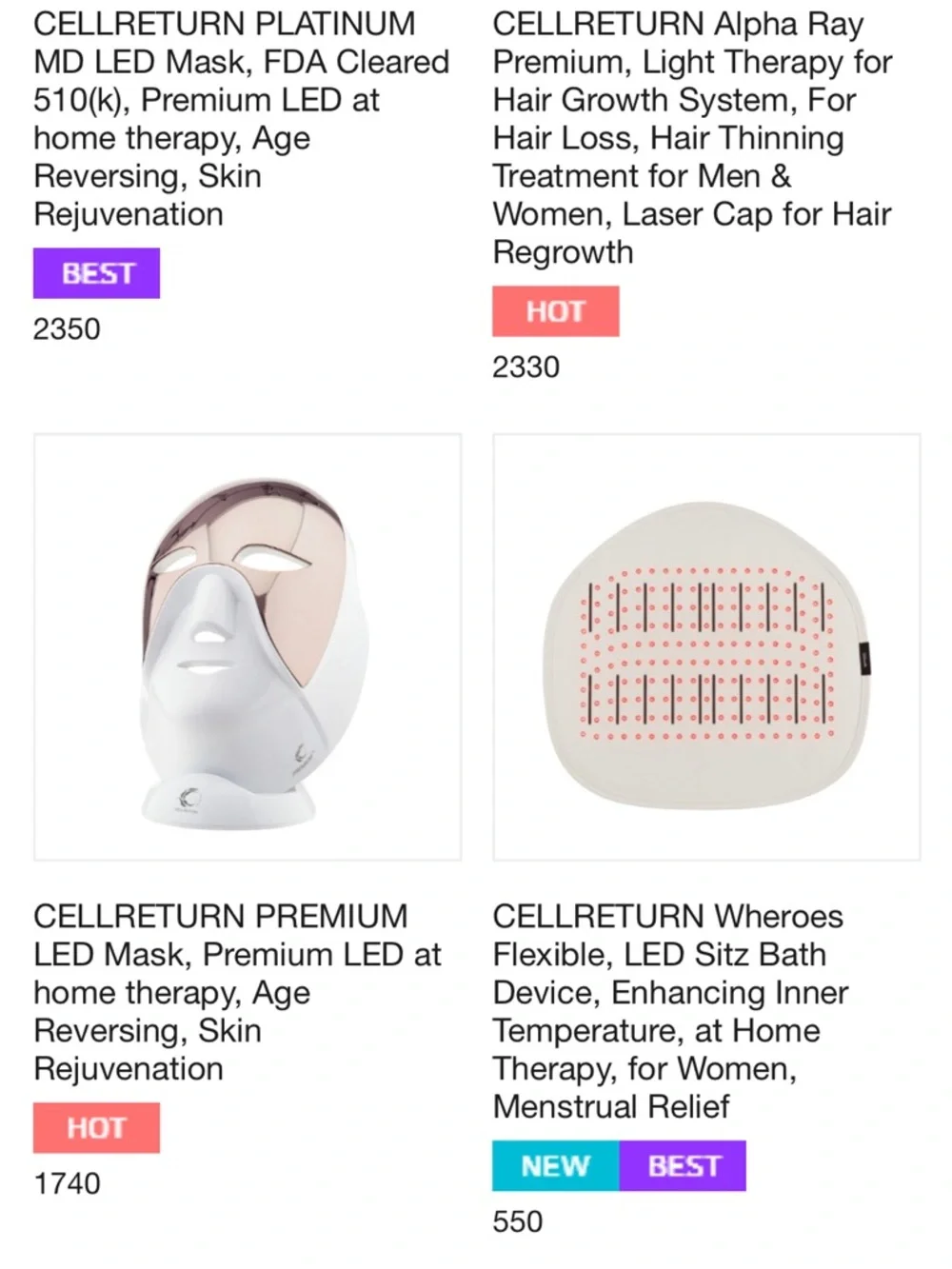 CELLRETURN LED Face Mask - Rose Gold & White